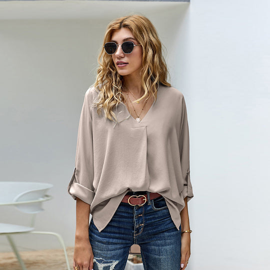Damen Bluse mit V-Ausschnitt und lässigen langen Ärmeln EB