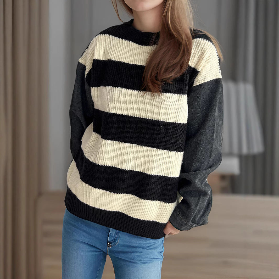 Damen lässiger Strickpullover mit auffälligem Blockstreifenmuster und weiten Ärmeln EB