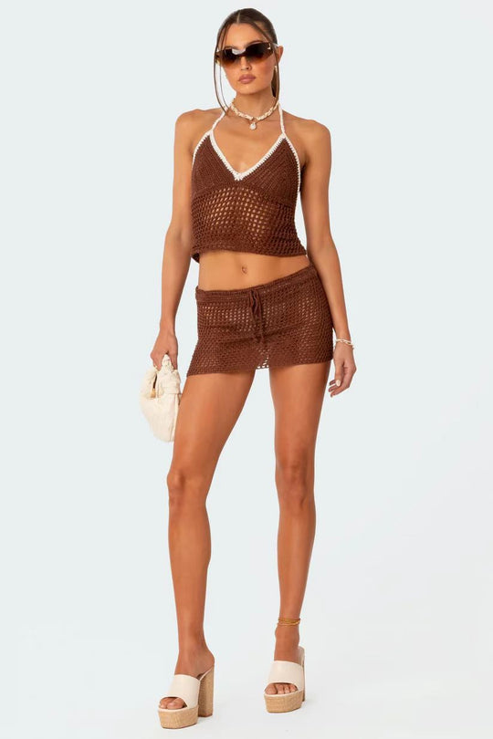 Damen gehäkeltes Strand-Outfit mit verstellbarem Oberteil und Shorts EB