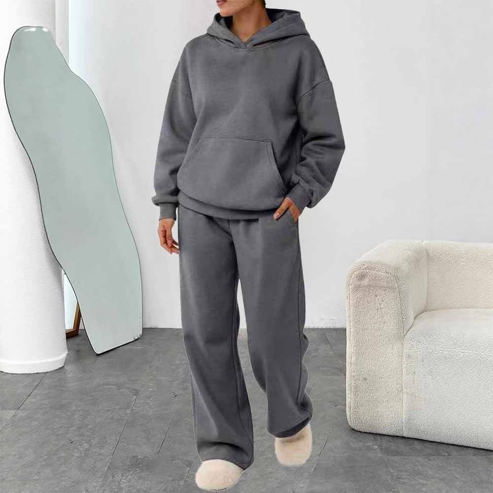 Damen nan zweiteiliges Freizeit-Lounge-Set mit Kapuzenpullover, Kängurutasche und gerader Loungehose aus weichem Baumwollmix EB