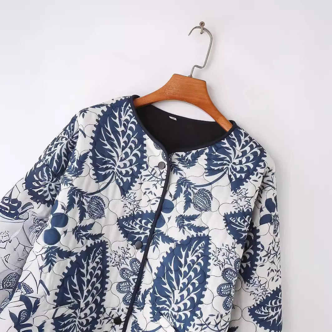 Damen gestepptes Blumenjacke mit innovativen Tasche und Rundhals EB