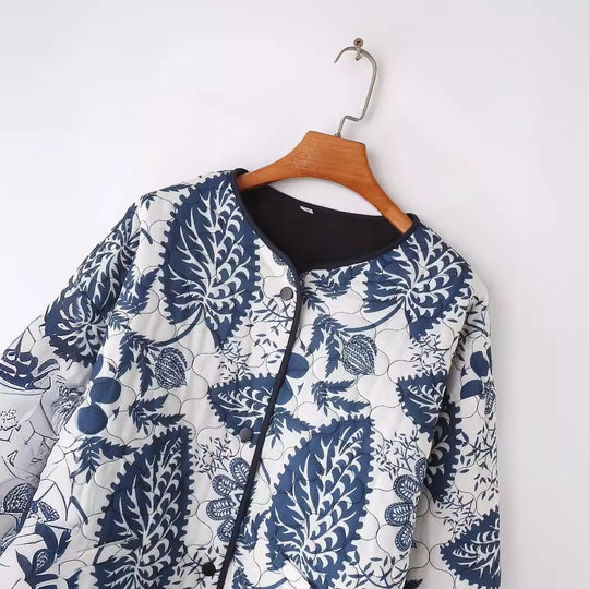 Damen gestepptes Blumenjacke mit innovativen Tasche und Rundhals EB