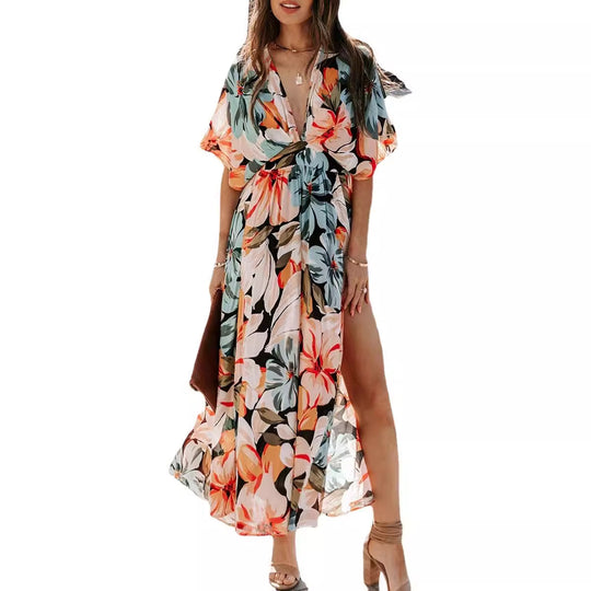 Damen Maxikleid mit floralem Wickeldesign und tiefem V-Ausschnitt EB