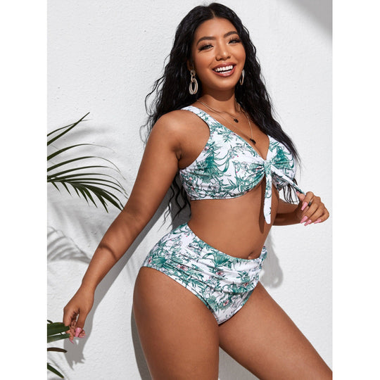 Damen Hochgeschnittener Bikini mit modischem Wickeloberteil und floralem Muster EB