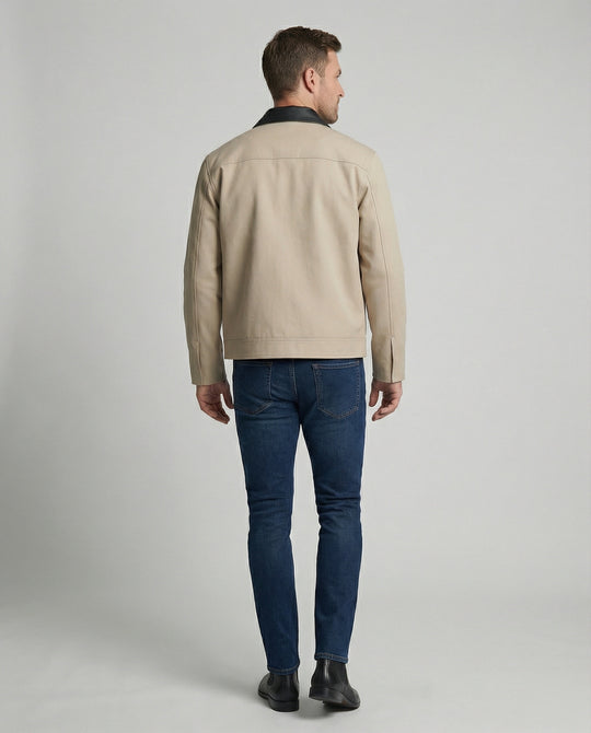 Herren kastenförmige Kurzjacke im Blousonstil mit Kontrastkragen in Lederoptik und seitlichen Eingrifftaschen EB