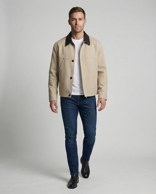 Herren kastenförmige Kurzjacke im Blousonstil mit Kontrastkragen in Lederoptik und seitlichen Eingrifftaschen EB