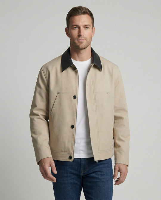 Herren kastenförmige Kurzjacke im Blousonstil mit Kontrastkragen in Lederoptik und seitlichen Eingrifftaschen EB