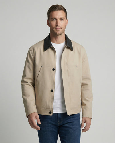 Herren kastenförmige Kurzjacke im Blousonstil mit Kontrastkragen in Lederoptik und seitlichen Eingrifftaschen EB