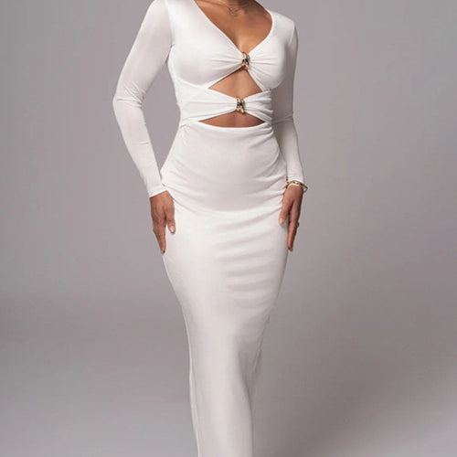 Damen Elegantes Cut-Out Maxikleid mit tiefem V-Ausschnitt und betontem Taillenschnitt EB