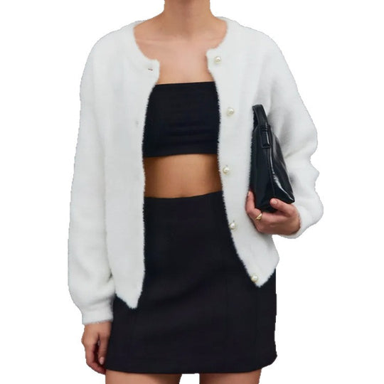 Damen Flauscher Cardigan mit dekorativen Perlenknöpfen EB
