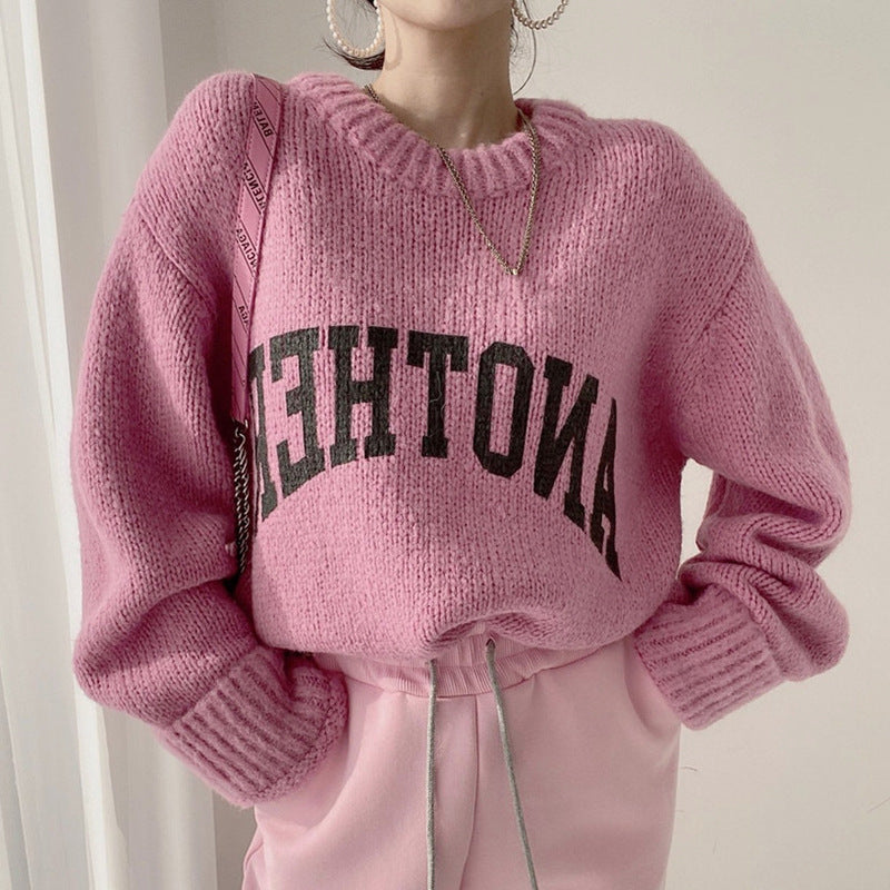 Damen Oversized Pullover mit auffälligem Schriftzug und gestricktem Muster EB