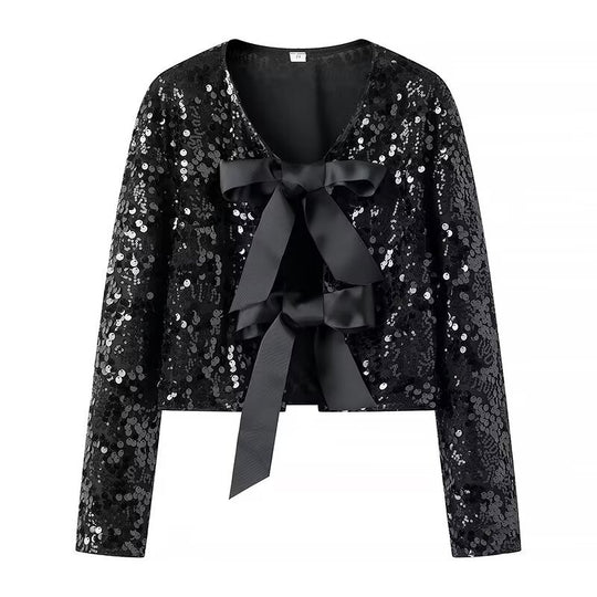 Damen elegante Lurex-Partyjacke mit Rüschen und schönen Schleifen EB