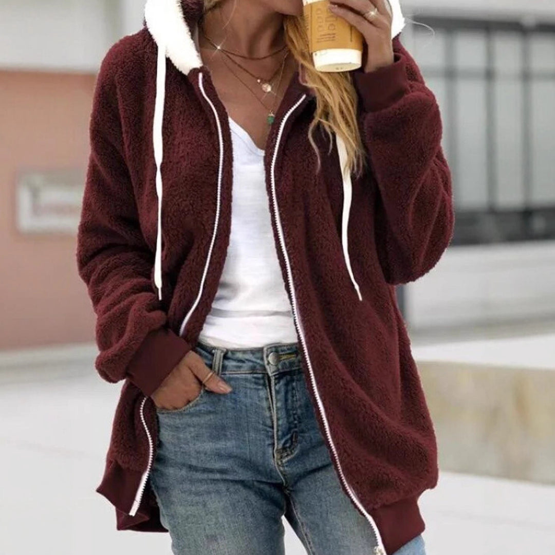 Damen Kuschelige Teddy-Fleece-Kapuzenjacke mit Reißverschluss und Oversized-Schnitt EB
