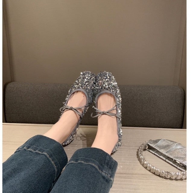 Damen Ballerinas mit glitzerndem Paillettenbesatz und weichem Riemendesign EB