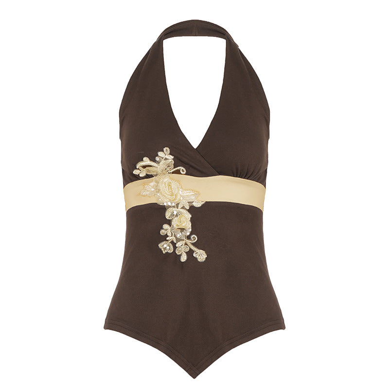 Damen eleganter Halter-Badeanzug mit luxuriösen Stickereien EB