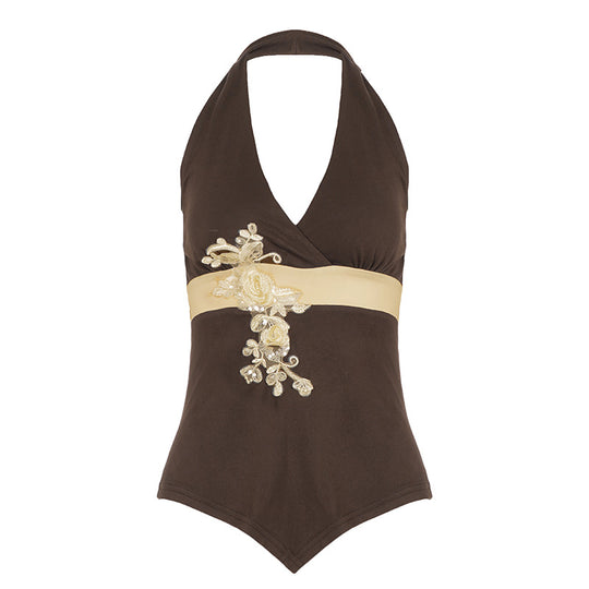 Damen eleganter Halter-Badeanzug mit luxuriösen Stickereien EB
