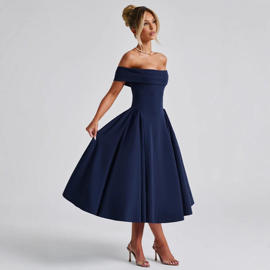 Damen Cocktailkleid mit schulterfreiem Design und voluminösem Rock EB
