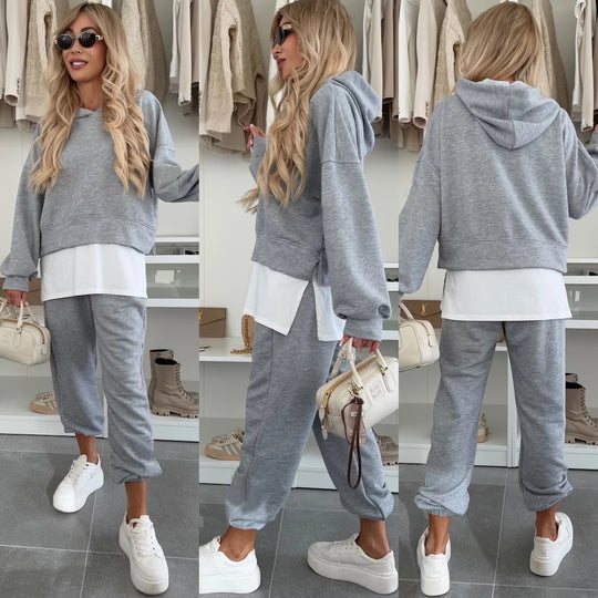 Damen Cropped-Hoodie-Lounge-Set mit asymmetrischem Saum, voluminösen Raglanärmeln und gekrempelter Jogginghose Eichborn Berlin