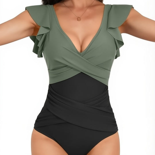 Damen eleganter Badeanzug mit fließenden Rüschen EB
