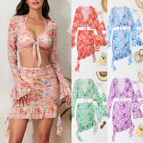 Damen Badeset mit floralem Design, kurzem Oberteil und Wickelrock EB