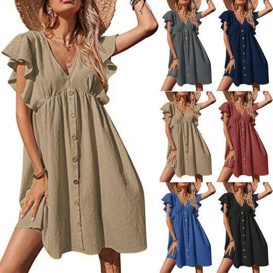 Damen Luftiges Sommerkleid mit verspielten Rüschendetails und Knopfverschluss EB