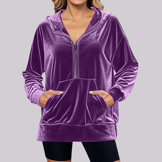 Damen Lässiger Velvet Hoodie mit praktischem Reißverschluss und Kängurutasche EB