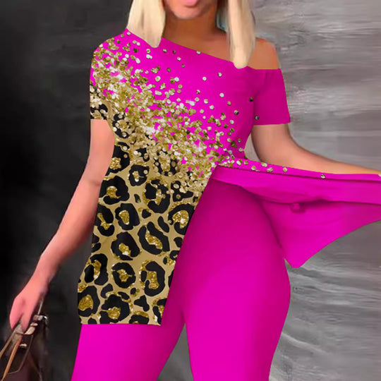 Damen Einseitig schulterfreier Jumpsuit mit animalischem Druck und Glitzerakzenten EB