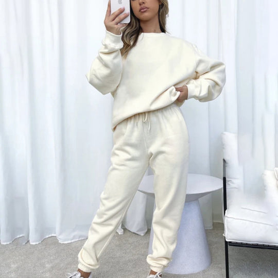 Damen kuscheliges Relax-Sweatshirt- und Jogger-Set aus angerautem Baumwollmix mit Raglanärmeln EB