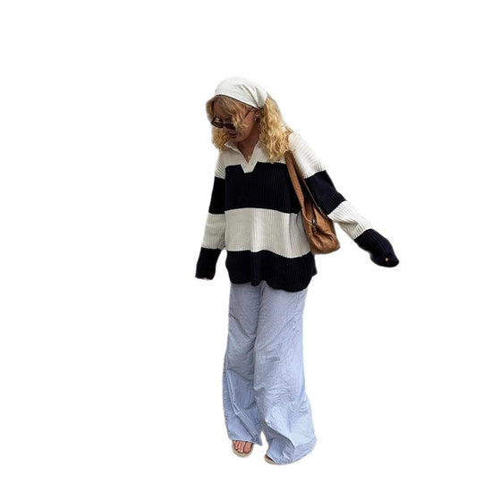 Damen Sportlicher Pullover mit Kragen und Blockstreifen EB