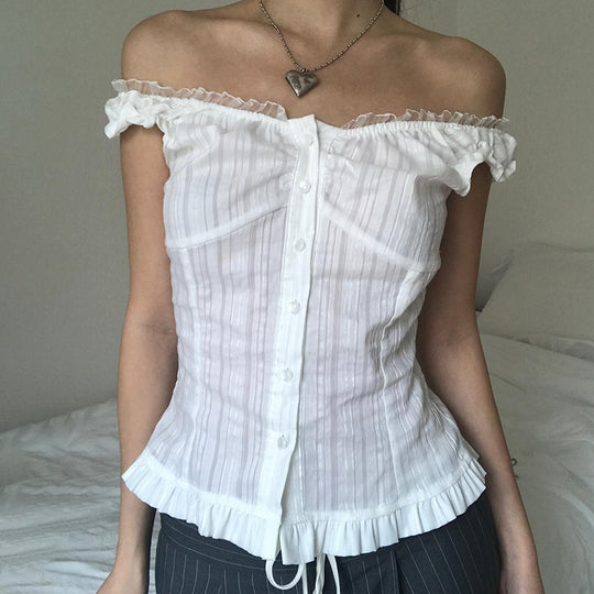 Damen Off-Shoulder Bluse mit Rüschensaum EB