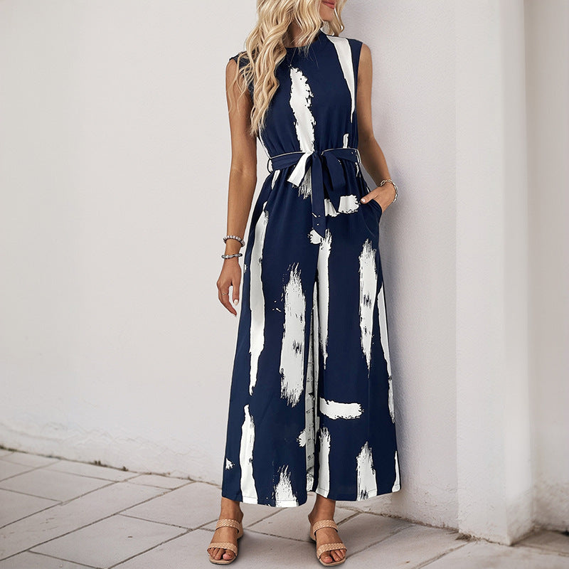 Damen Modischer Jumpsuit mit Taillengürtel und weitem Bein EB