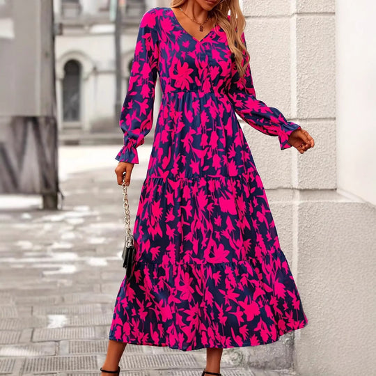 Damen Maxikleid mit V-Ausschnitt und voluminösen Ärmeln EB
