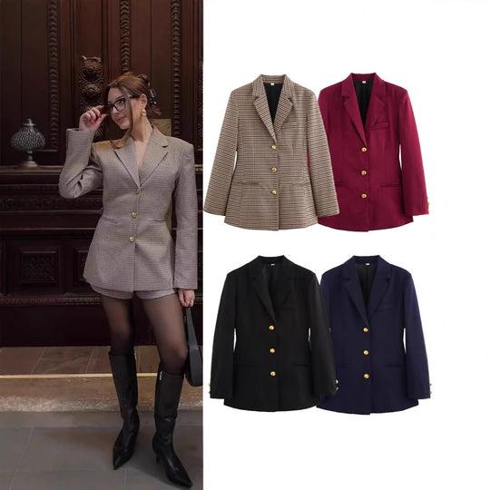 Damen elegante karierte Blazerjacke mit Goldknöpfen EB