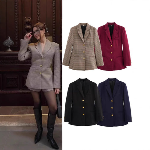 Damen elegante karierte Blazerjacke mit Goldknöpfen EB