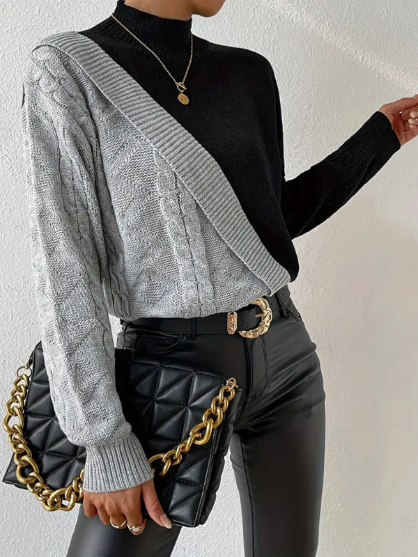 Damen modischer Strickpullover mit asymmetrischem Zopfdesign und hohen Kragen EB