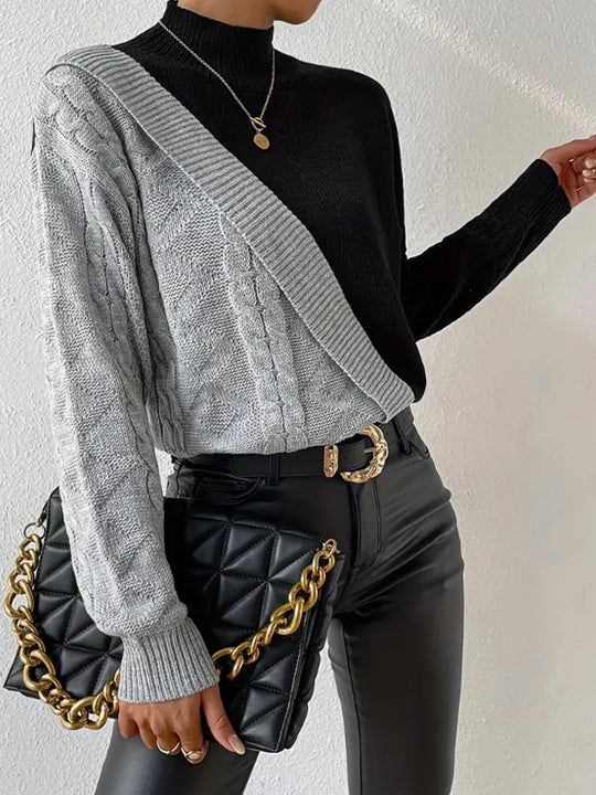 Damen modischer Strickpullover mit asymmetrischem Zopfdesign und hohen Kragen EB