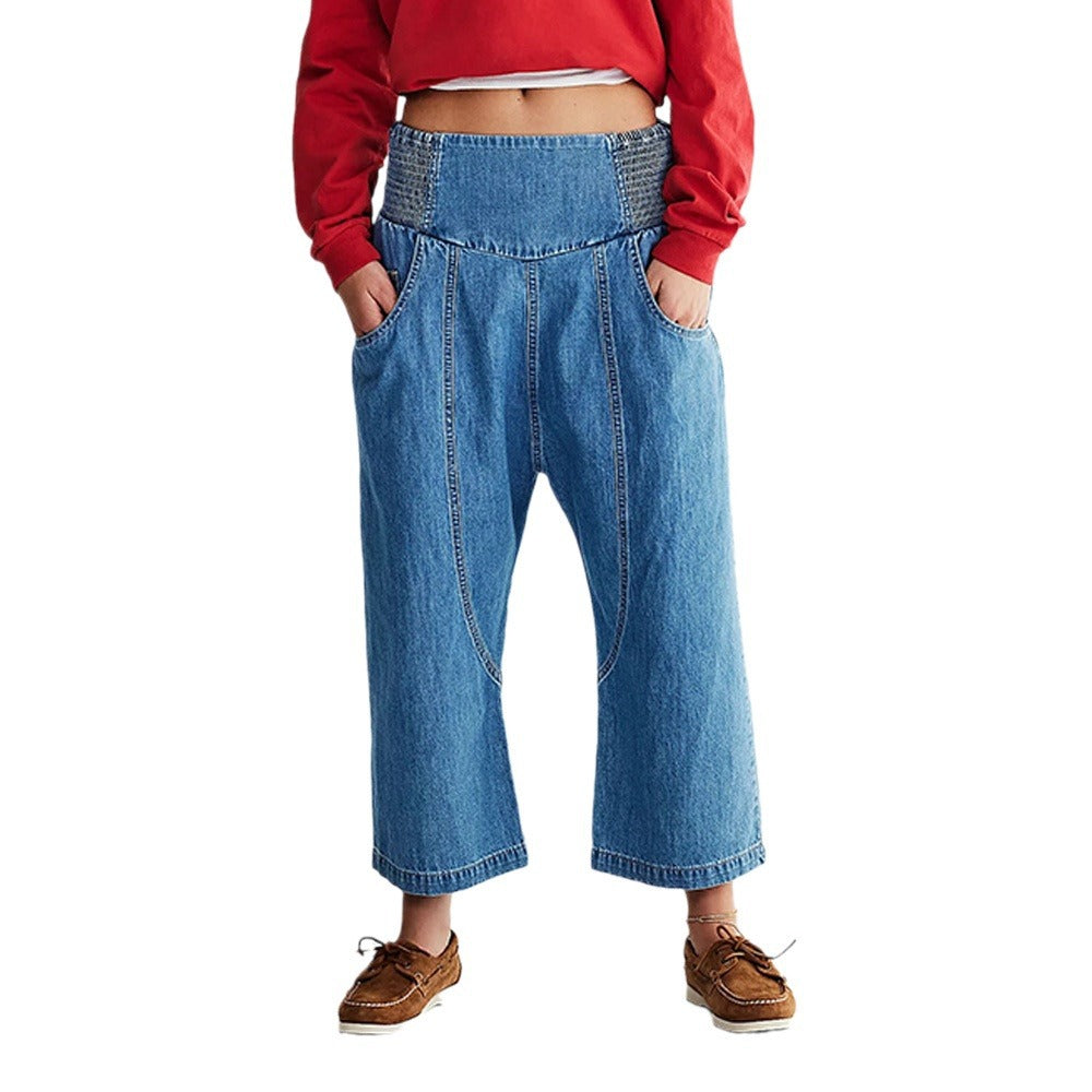 Damen lässige Loose-Fit Jeans mit elastischem Bund und geräumigen Taschen EB
