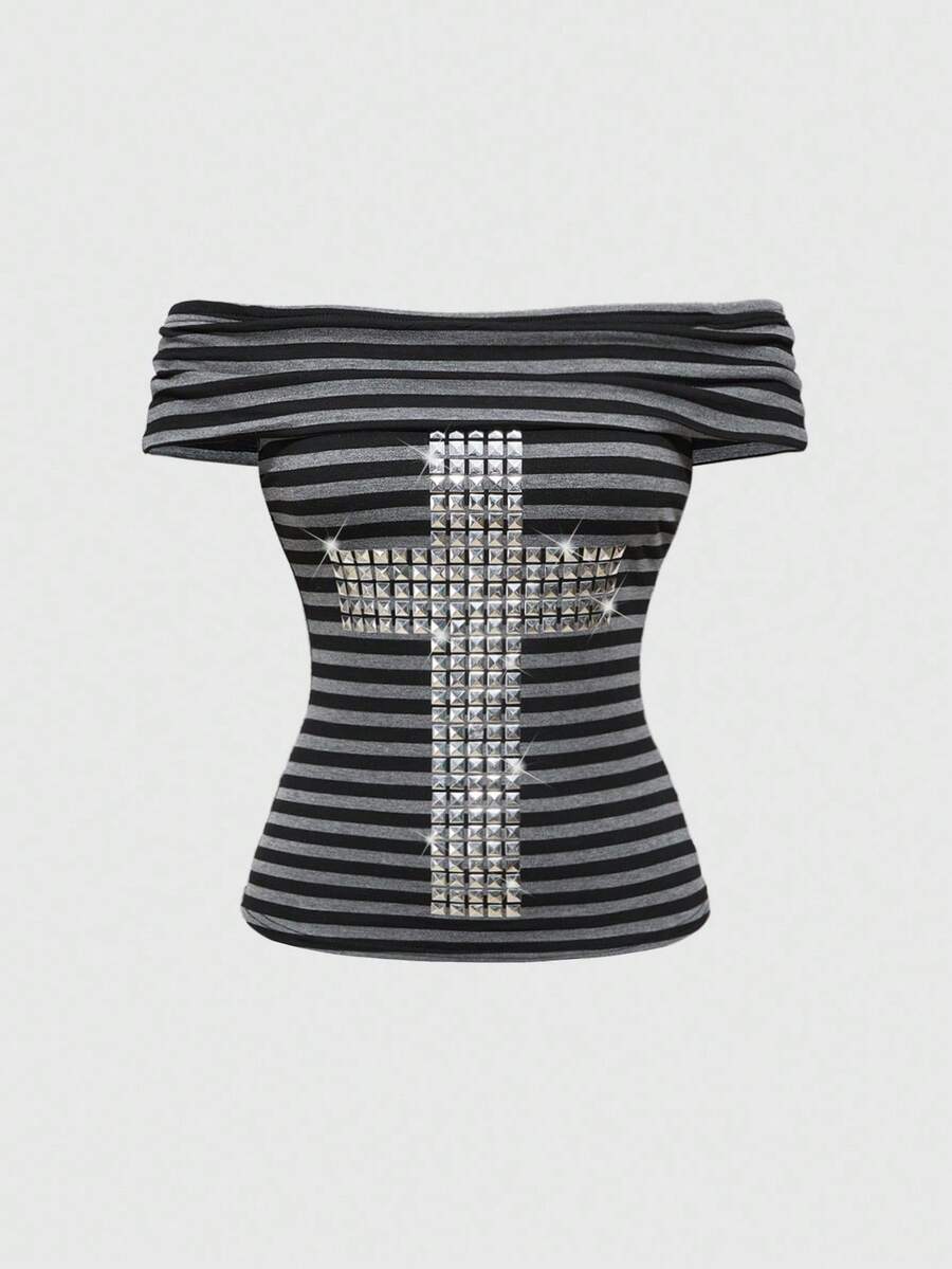 Damen Off-Shoulder Top mit glamourösen Strassdetails EB