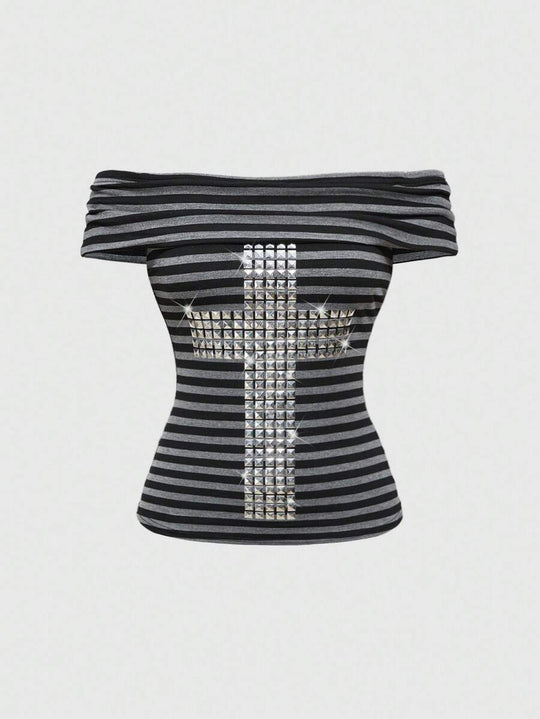 Damen Off-Shoulder Top mit glamourösen Strassdetails EB