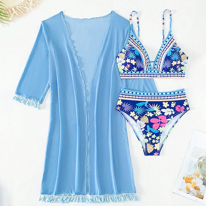 Damen Bikini-Set mit floralem Oberteil und eleganter Wickeljacke EB