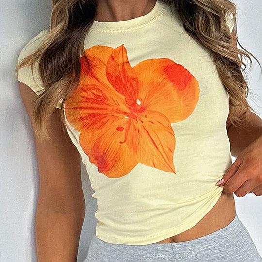Damen Kurzarm-T-Shirt mit floralem Print und figurbetonter Passform EB