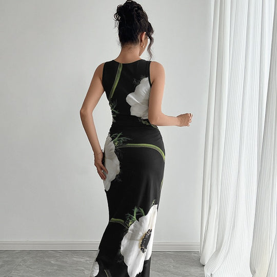 Damen Maxikleid mit floraler Druckgestaltung und figurbetontem Schnitt EB