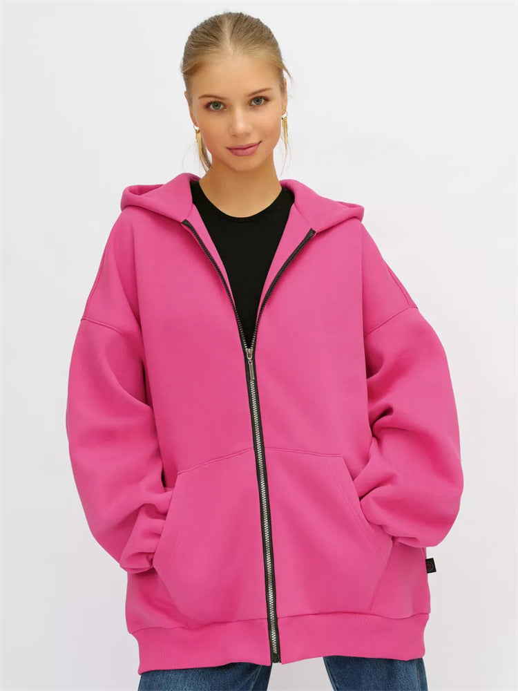 Damen lässiger Oversized Zip-Hoodie mit tiefen Taschen EB