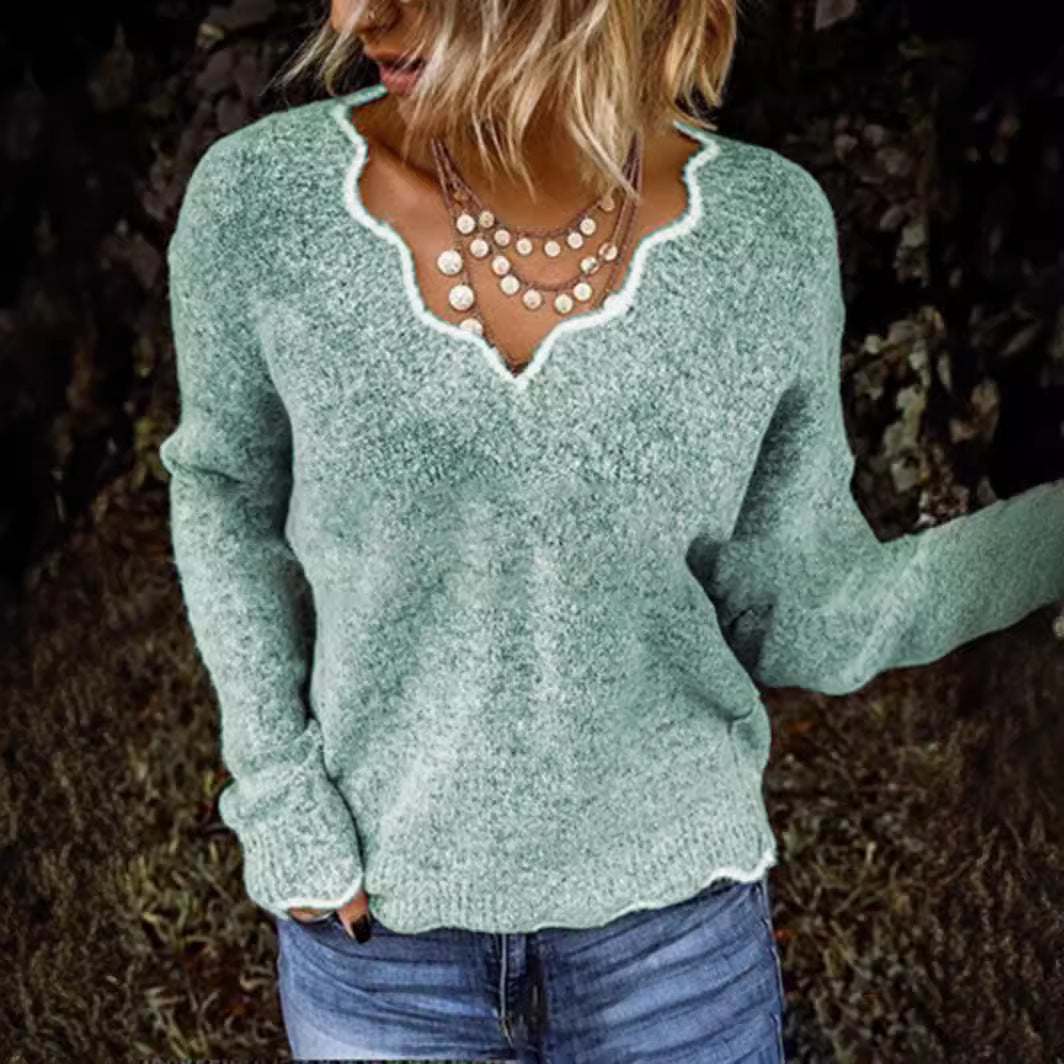 Damen kuscheliger Strickpullover mit tiefem V-Ausschnitt und gewellten Abschlüssen EB
