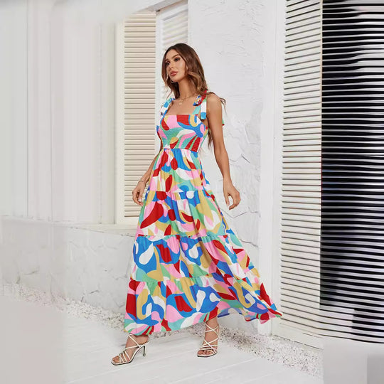 Damen Langärmliges Maxi-Kleid mit verspieltem Mehrfarbigem Design EB