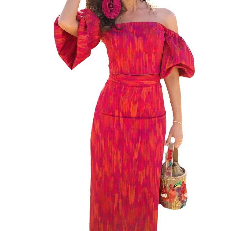 Damen figurbetontes Maxikleid mit Puffärmeln und elegantem V-Ausschnitt EB