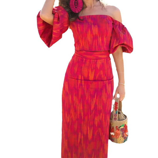 Damen figurbetontes Maxikleid mit Puffärmeln und elegantem V-Ausschnitt EB