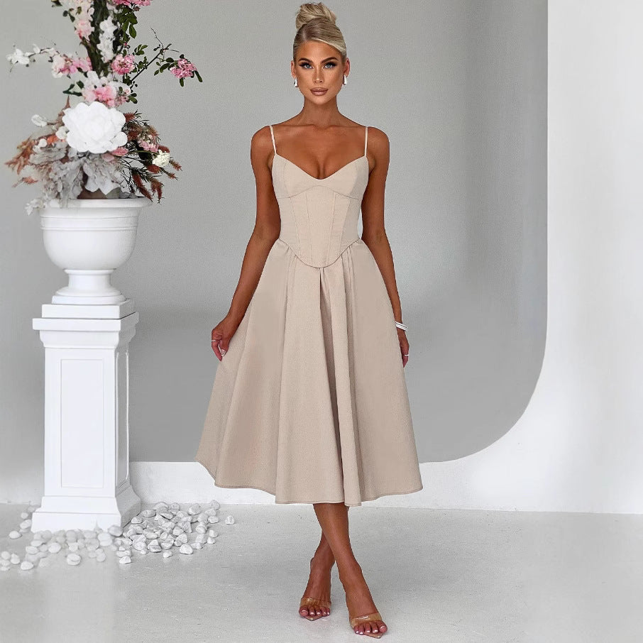 Damen Midikleid mit figurbetontem Oberteil und schwingendem Rock EB
