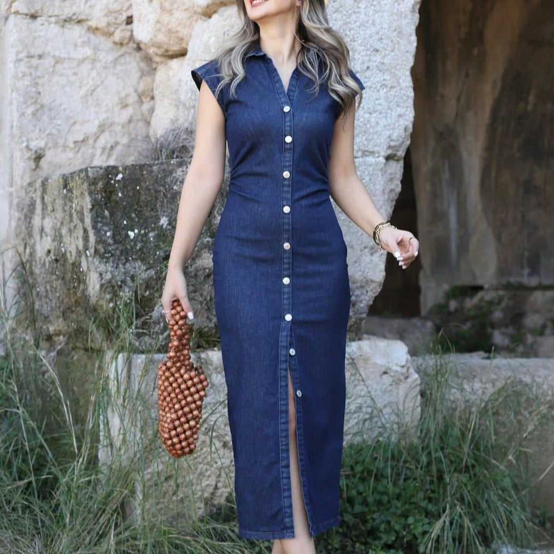 Damen lässiges Midi-Kleid mit Knopfverschluss und Raffung EB