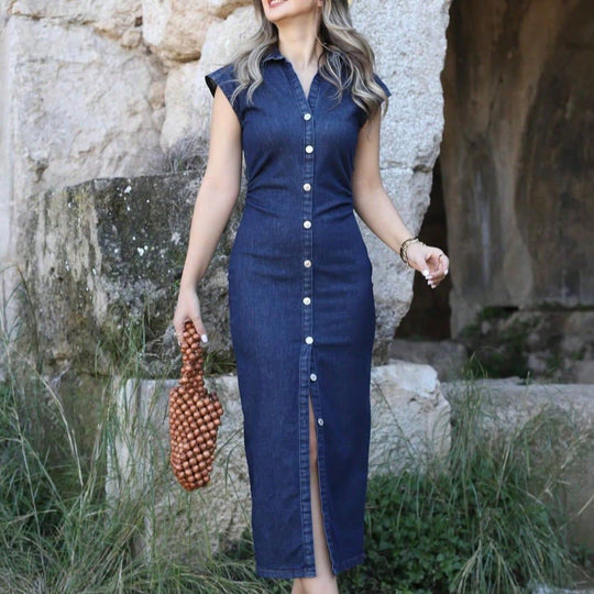 Damen lässiges Midi-Kleid mit Knopfverschluss und Raffung EB